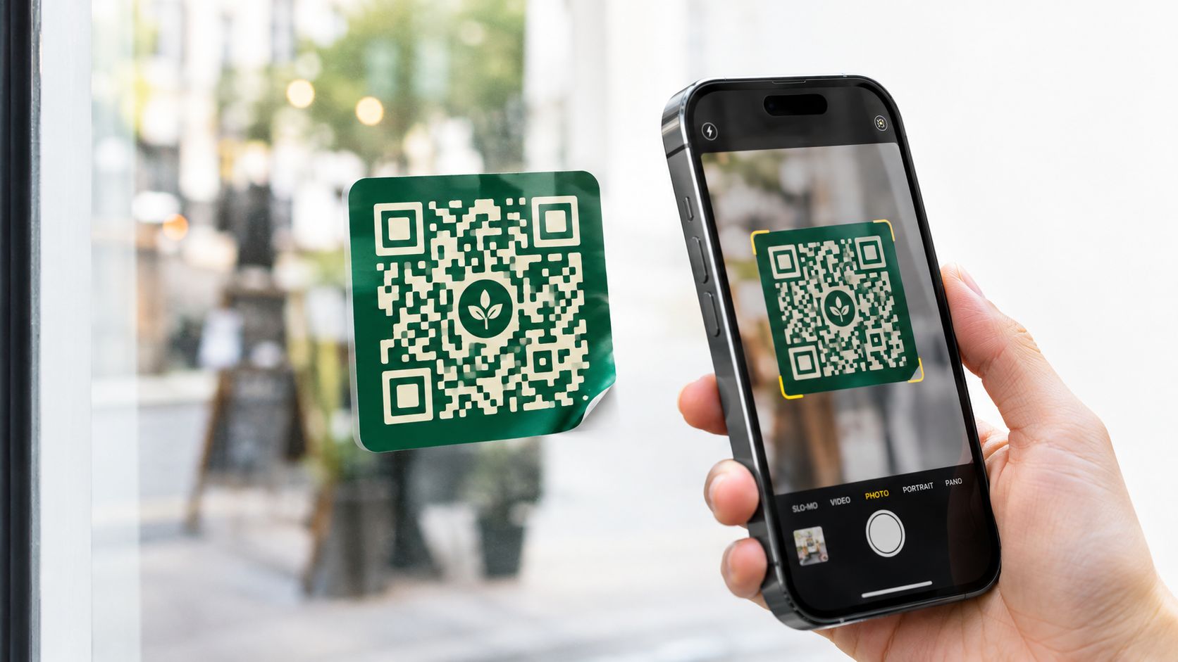 A hand holds a smartphone scanning a green QR code sticker attached to a glass window.