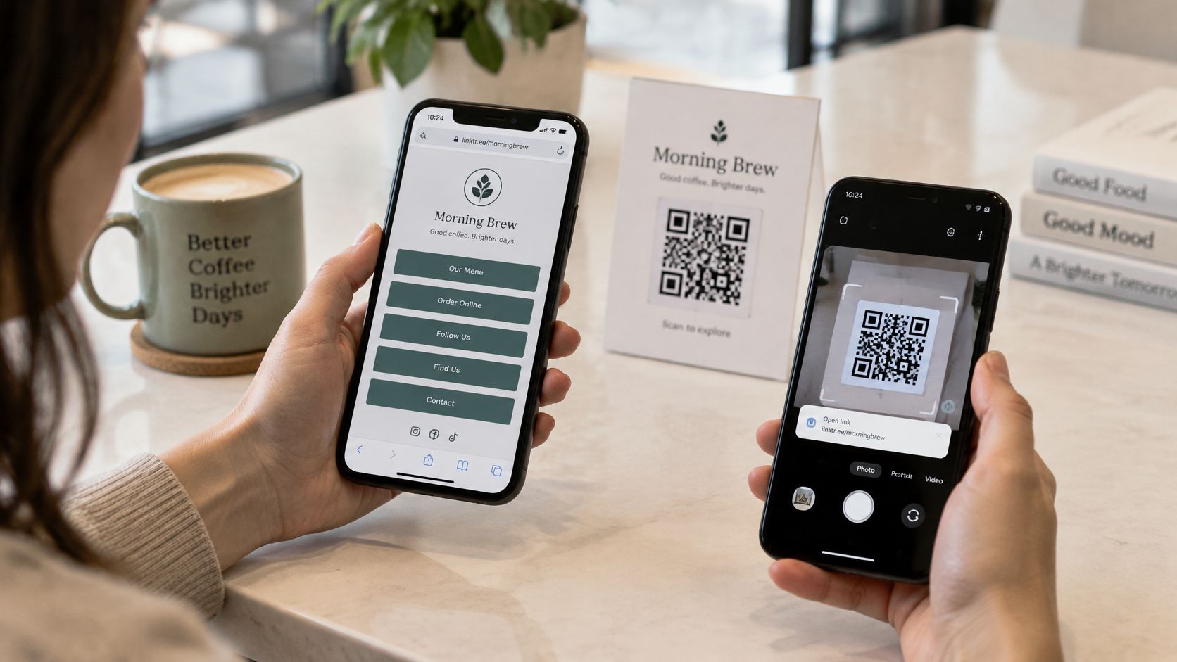 Person holding a smartphone displaying a Morning Brew linktree page next to a QR code sign.