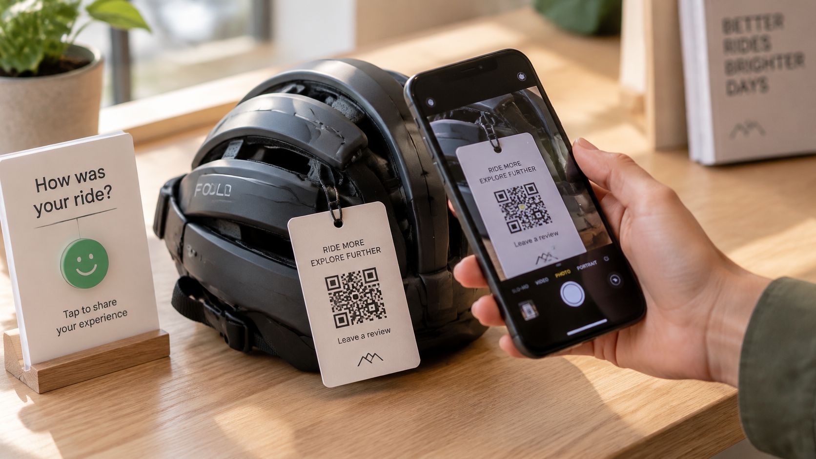 A hand holds a smartphone over a bicycle helmet tag with a QR code to leave feedback.