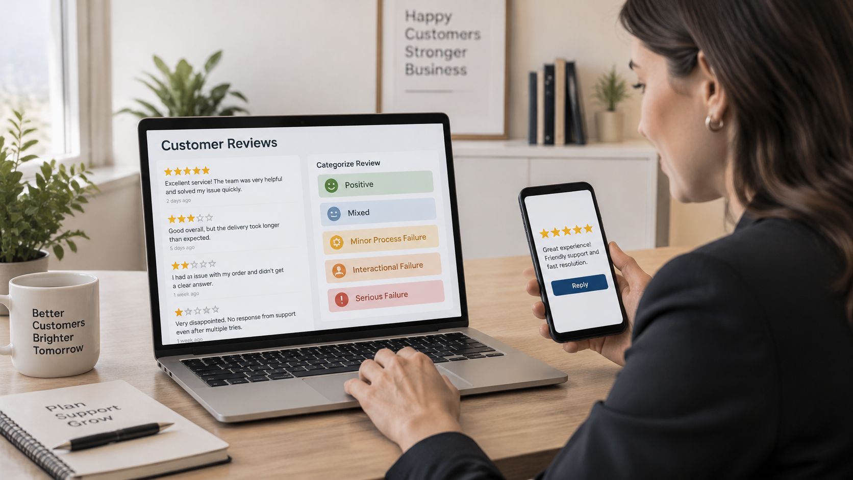 A professional woman reviewing customer feedback on a laptop and smartphone in a bright office environment.