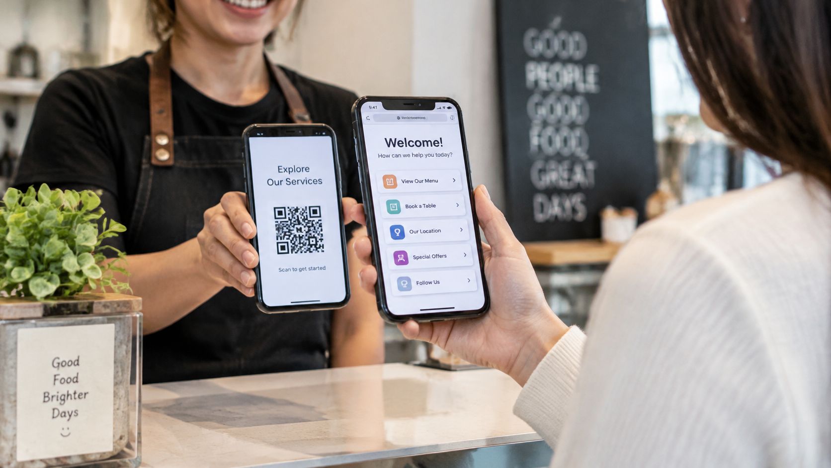 A customer holding a smartphone displaying a menu while a restaurant worker shows a QR code.