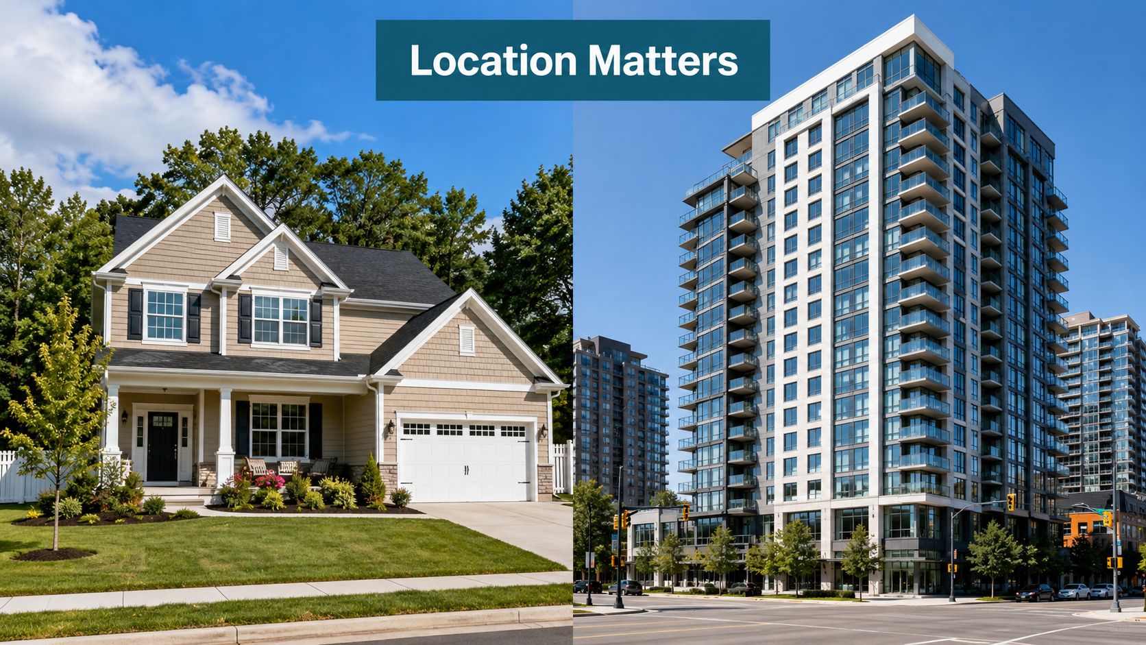 A split-screen image comparing a detached suburban family home with a modern high-rise city apartment building.