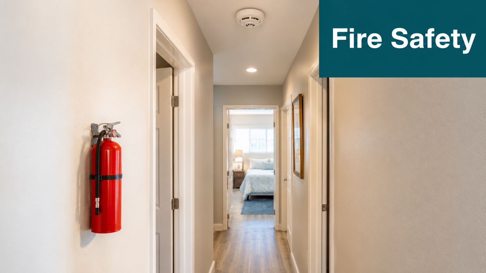 A hallway in a home featuring a mounted red fire extinguisher and a smoke detector on ceiling.