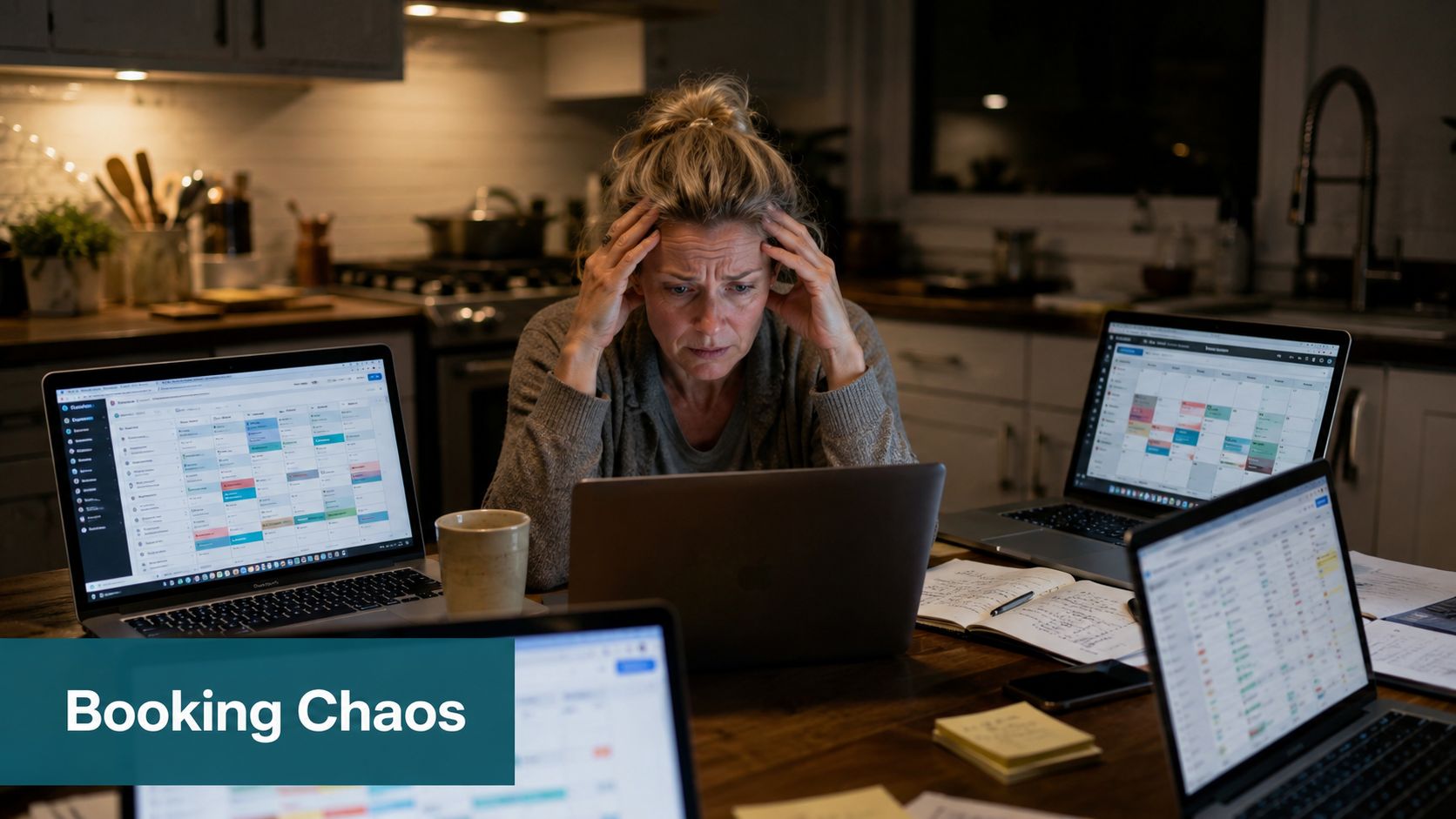 A stressed person sitting at a desk surrounded by multiple laptops displaying complex booking schedule calendars.
