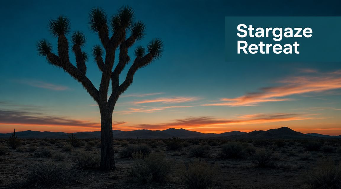 A silhouette of a Joshua tree in a desert landscape during a vibrant orange and blue sunset.