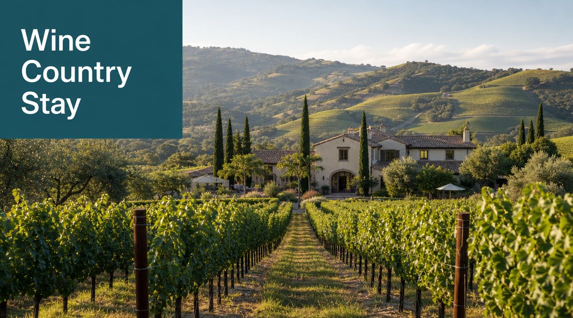 A scenic vineyard leading up to a large Mediterranean-style villa nestled in rolling golden hills.