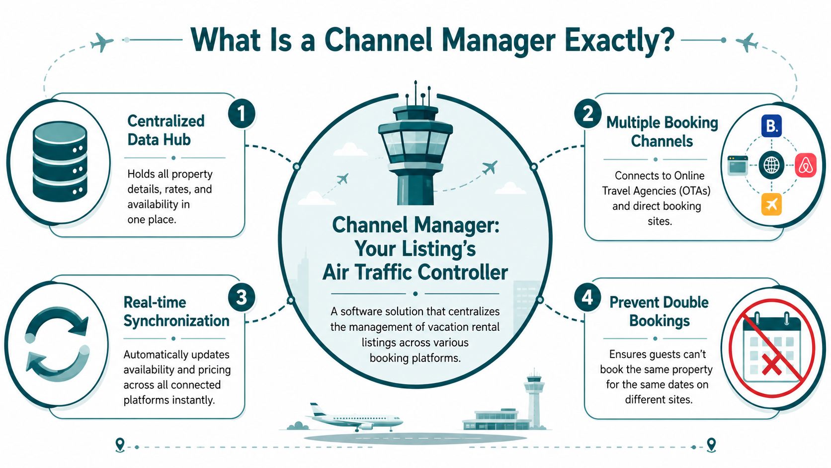 An infographic explaining how a channel manager acts as an air traffic controller for vacation rental listings.