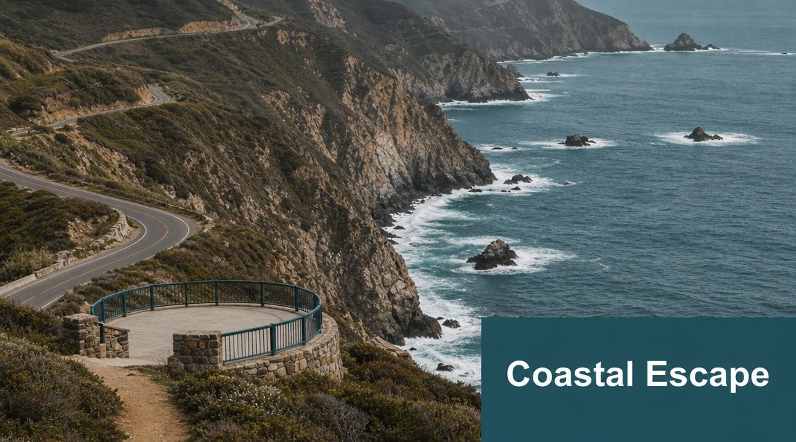 A scenic coastal overlook with a safety railing along the winding Highway 1 in California.
