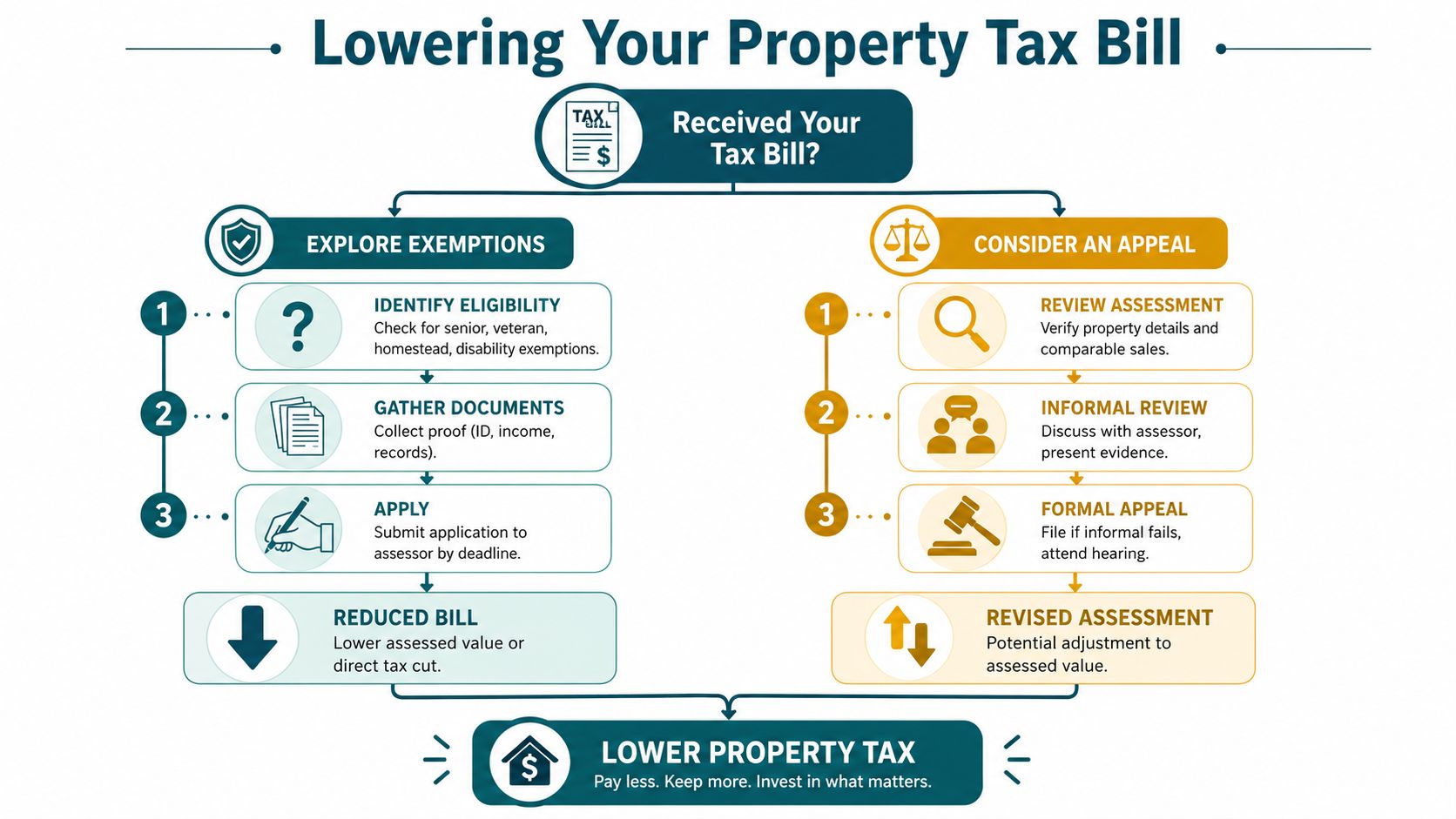 A flowchart explaining the process for lowering property tax bills through exemptions or formal appeals.