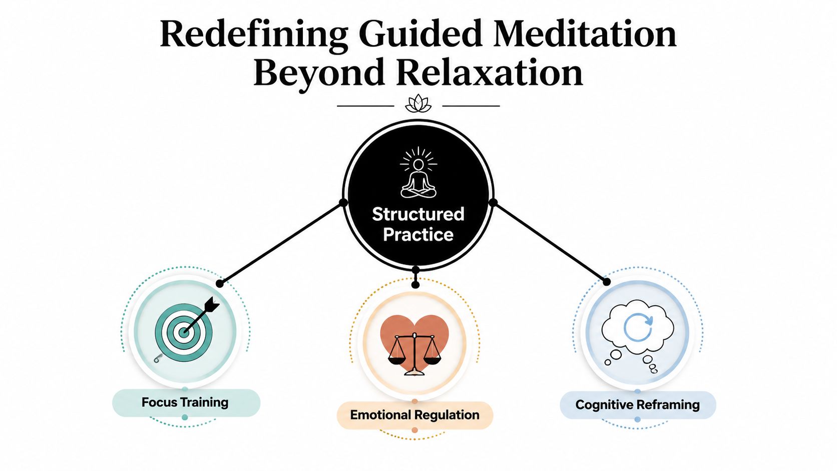 A diagram illustrating guided meditation beyond relaxation, featuring structured practice, focus training, emotional regulation, and cognitive reframing.