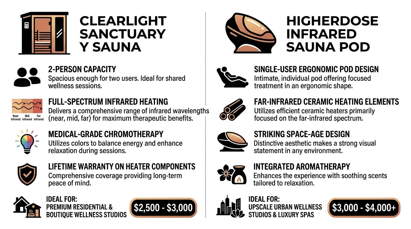 A comparison chart showing features, design, and pricing for Clearlight Sanctuary Y Sauna and HigherDOSE Infrared Sauna Pod.