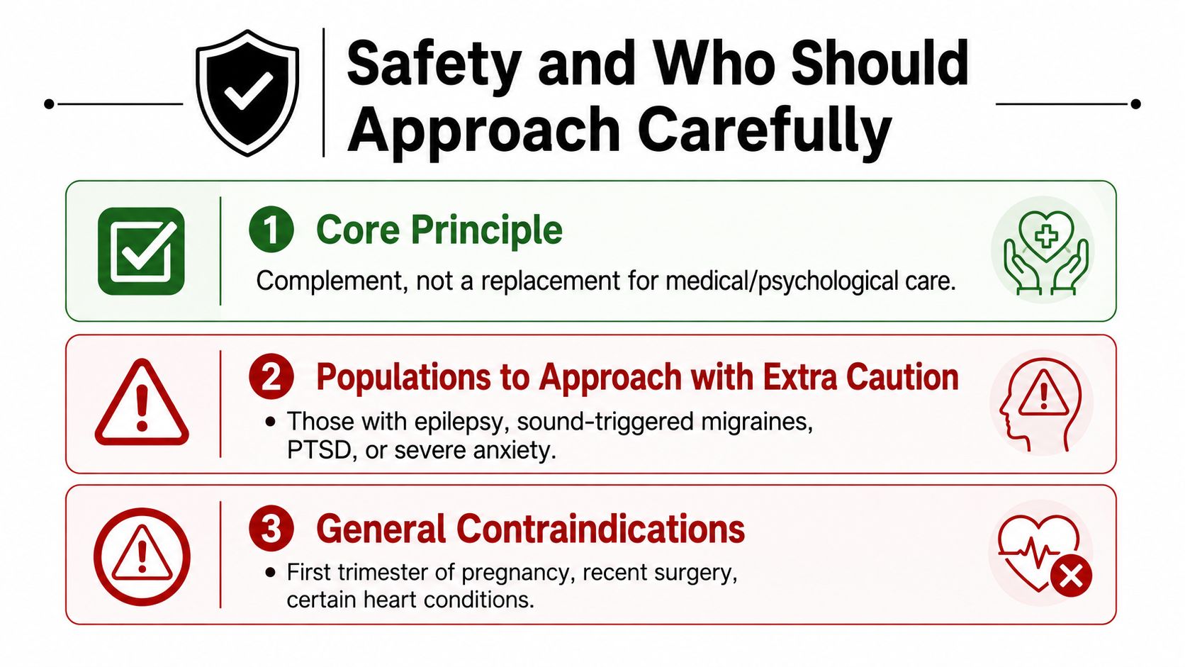 A safety infographic titled Safety and Who Should Approach Carefully, listing health precautions for sound therapy treatments.