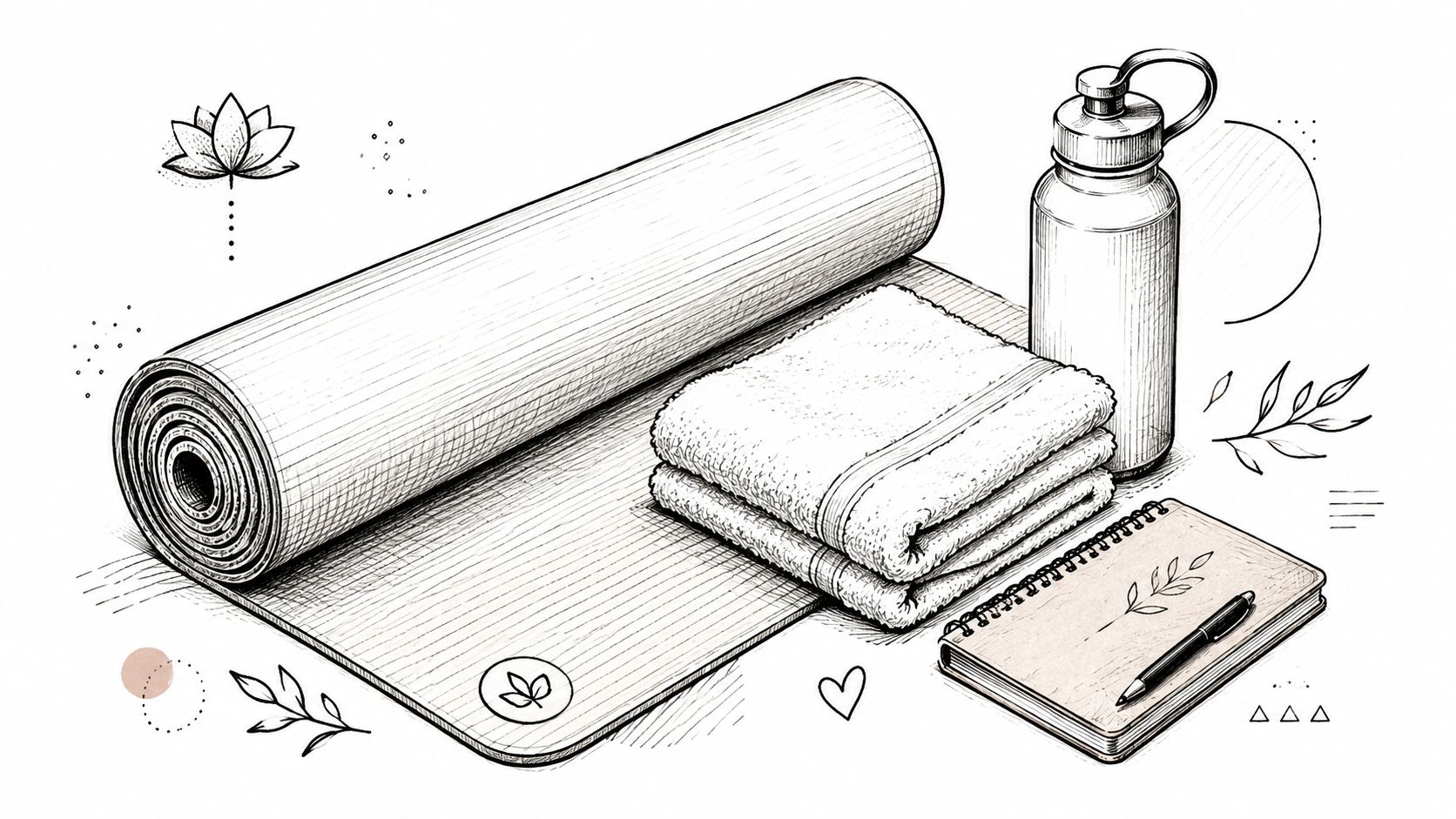 A line art drawing showing a rolled yoga mat, a folded towel, a water bottle, and a notebook.