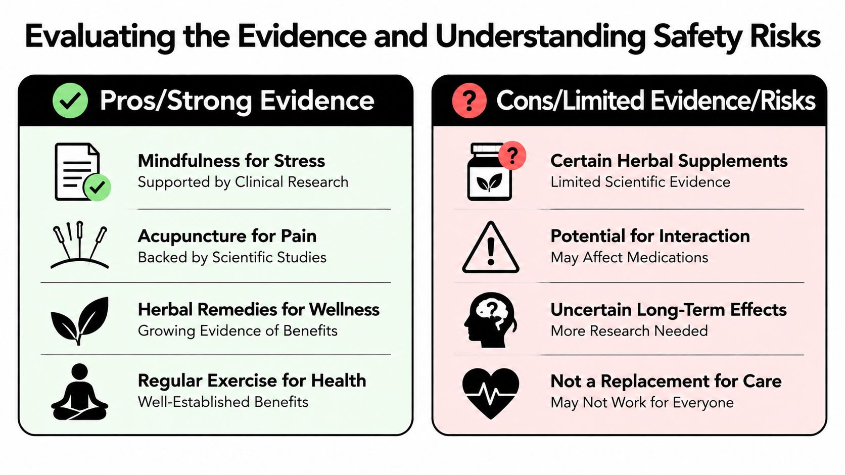 A comparison chart showing benefits and risks of integrative health practices including mindfulness, exercise, and supplements.