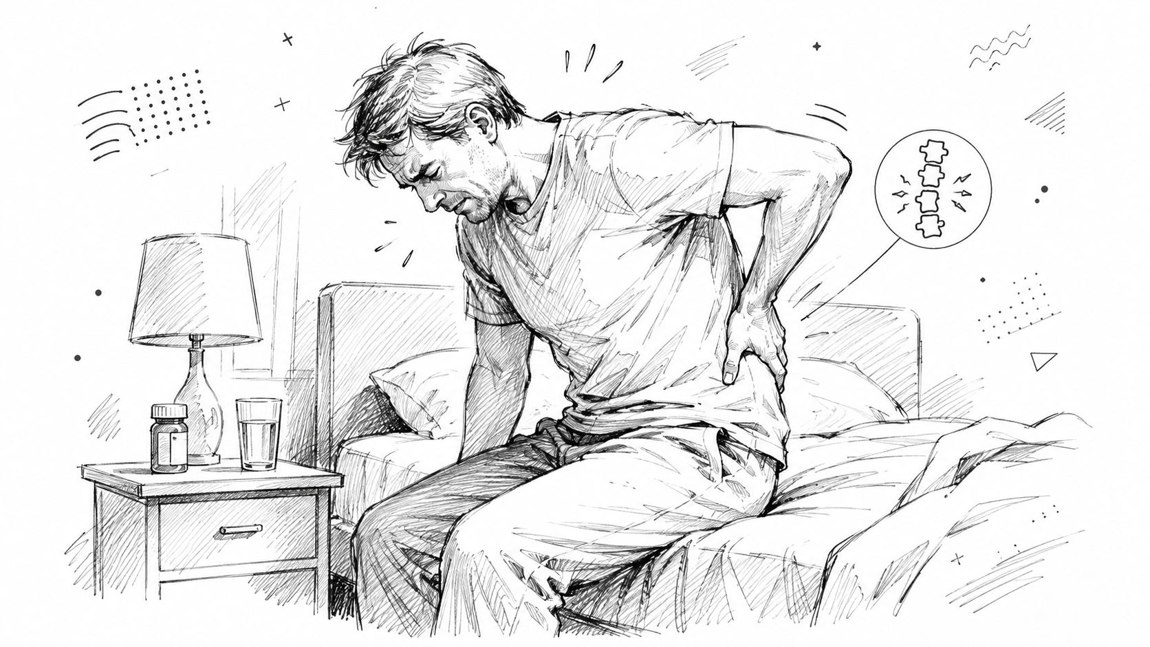 A man sitting on the edge of his bed experiencing severe lower back pain and discomfort.