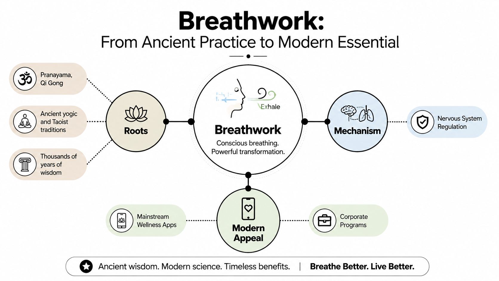 A diagram illustrating breathwork as a practice that spans from ancient traditions to modern wellness and science.