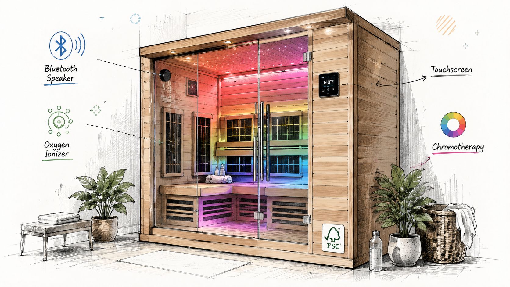 A modern home infrared sauna with ambient chromotherapy lighting, touchscreen controls, and wood-paneled interior design.