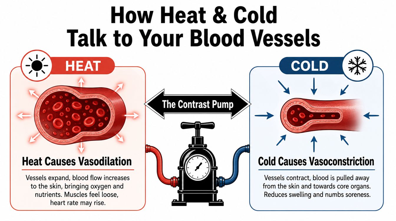 A diagram illustrating how heat causes vasodilation and cold causes vasoconstriction within human blood vessels.