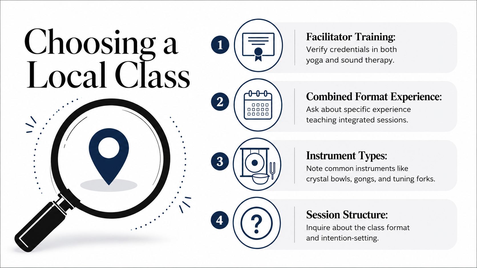 An infographic titled Choosing a Local Class listing four tips for selecting a yoga and sound therapy session.