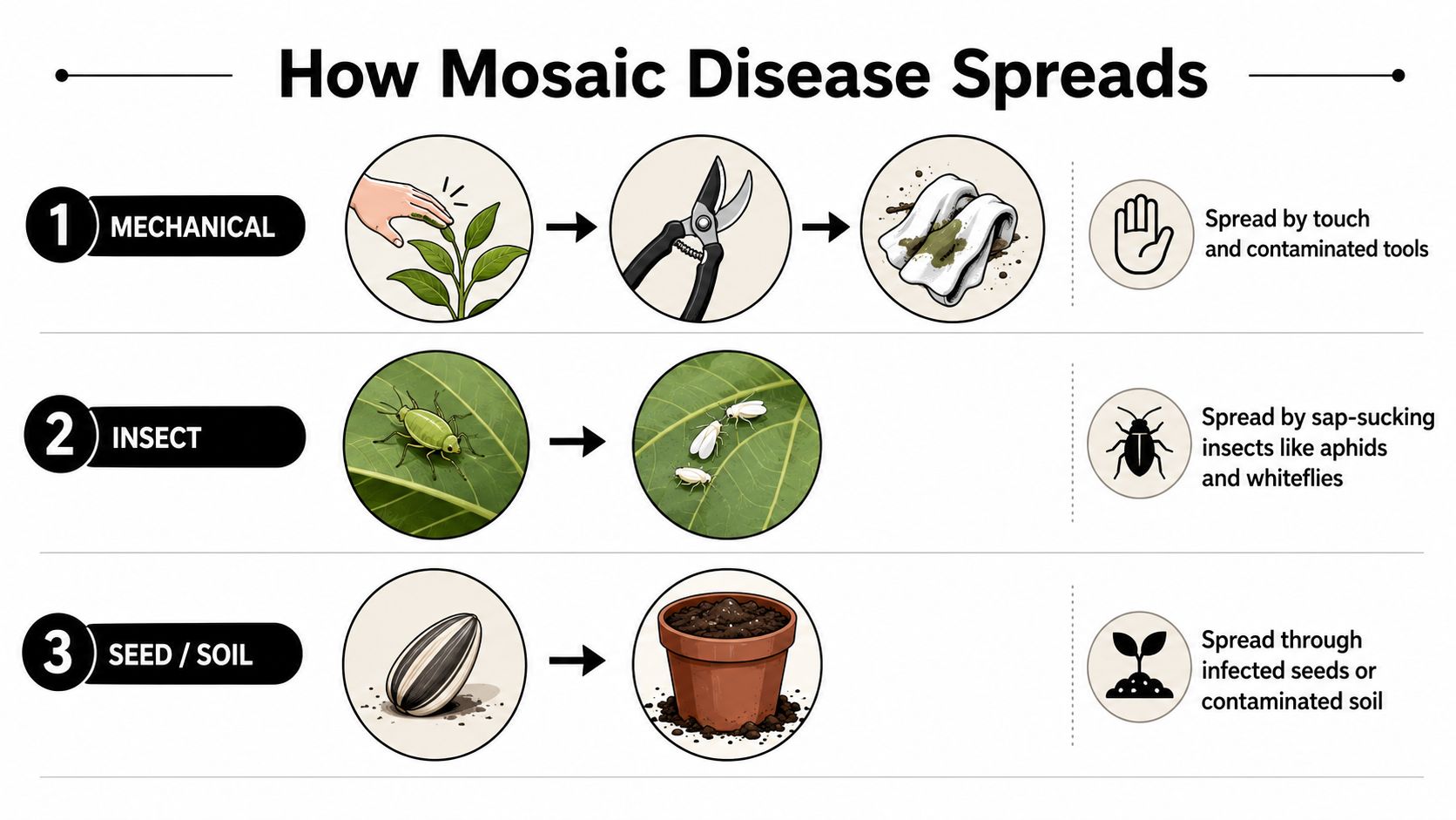 An infographic showing three ways mosaic disease spreads in plants: mechanical, insect transmission, and soil or seeds.