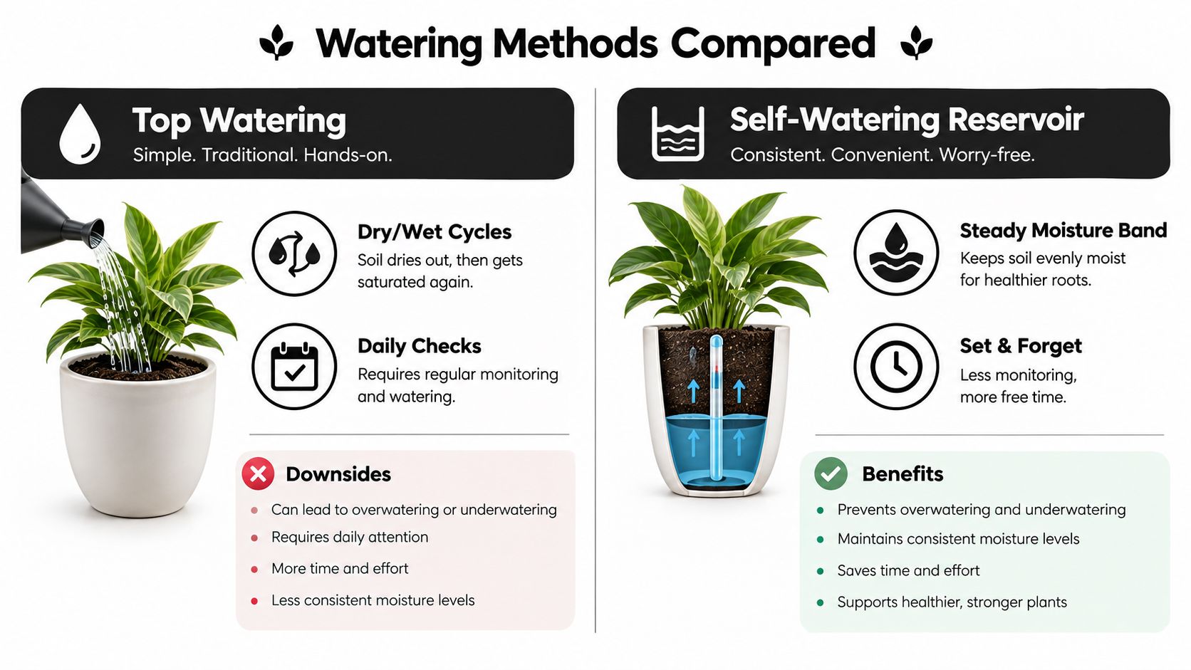 A comparison infographic between traditional top watering and using a self-watering reservoir system for house plants.