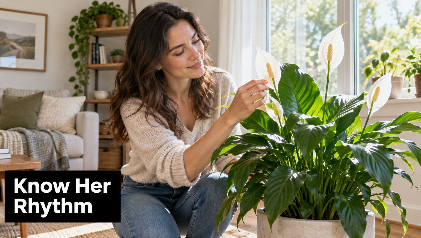 A smiling woman gently touches the white flower of a green peace lily houseplant in a sunlit room.