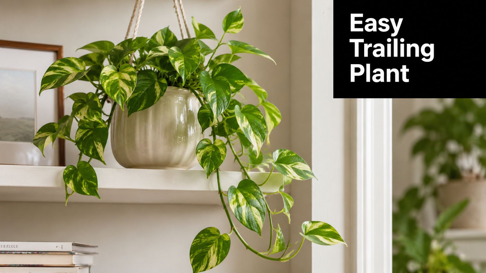 A lush variegated pothos plant hanging in a ceramic pot on a shelf with books