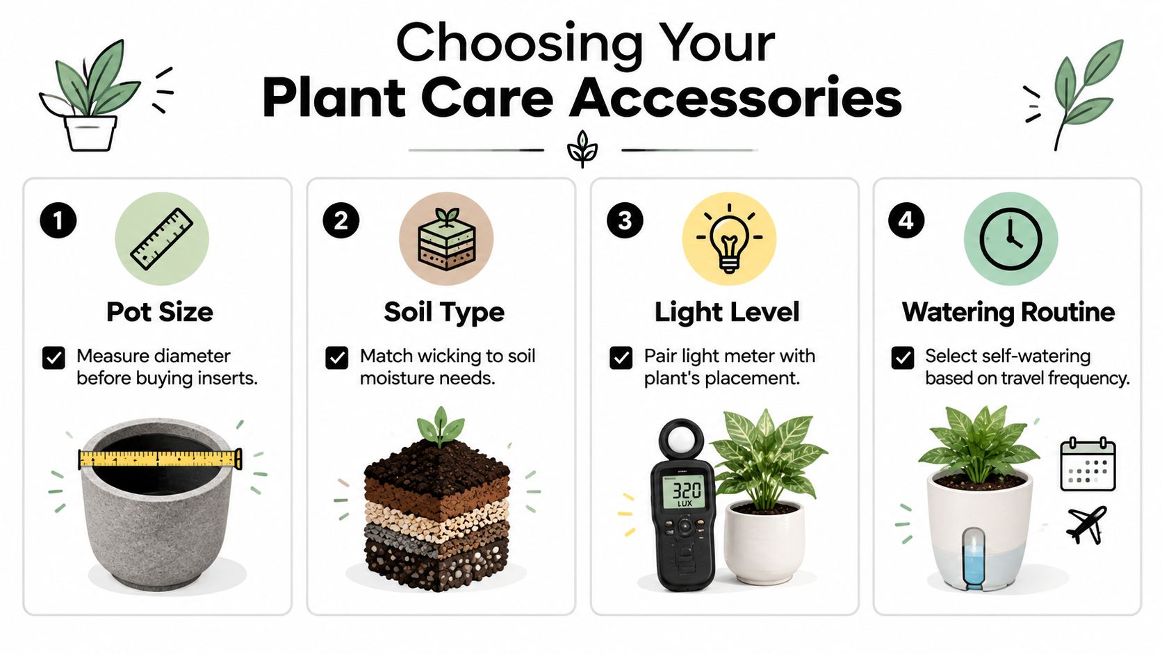 A four-step infographic guide illustrating essential factors for choosing appropriate plant care accessories and tools.