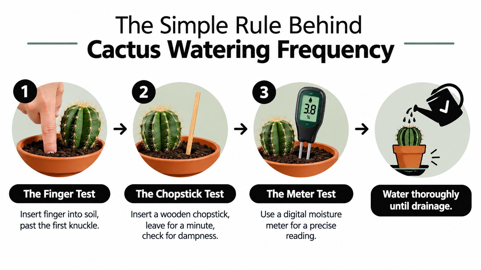 An infographic illustrating three simple methods to test cactus soil moisture before watering the plant thoroughly.