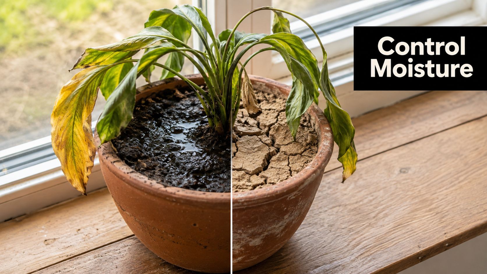 A split image showing a plant in waterlogged soil on one side and cracked dry soil on the other.