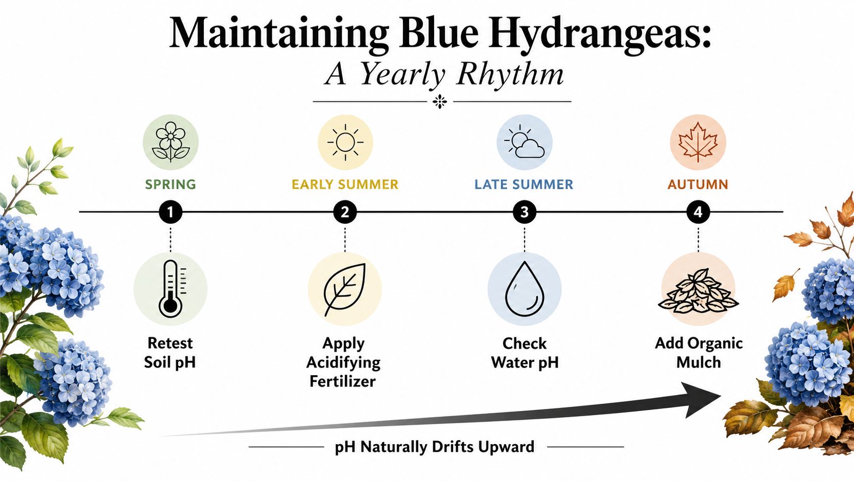 An infographic showing a seasonal maintenance schedule for keeping hydrangeas blue by monitoring soil pH levels.