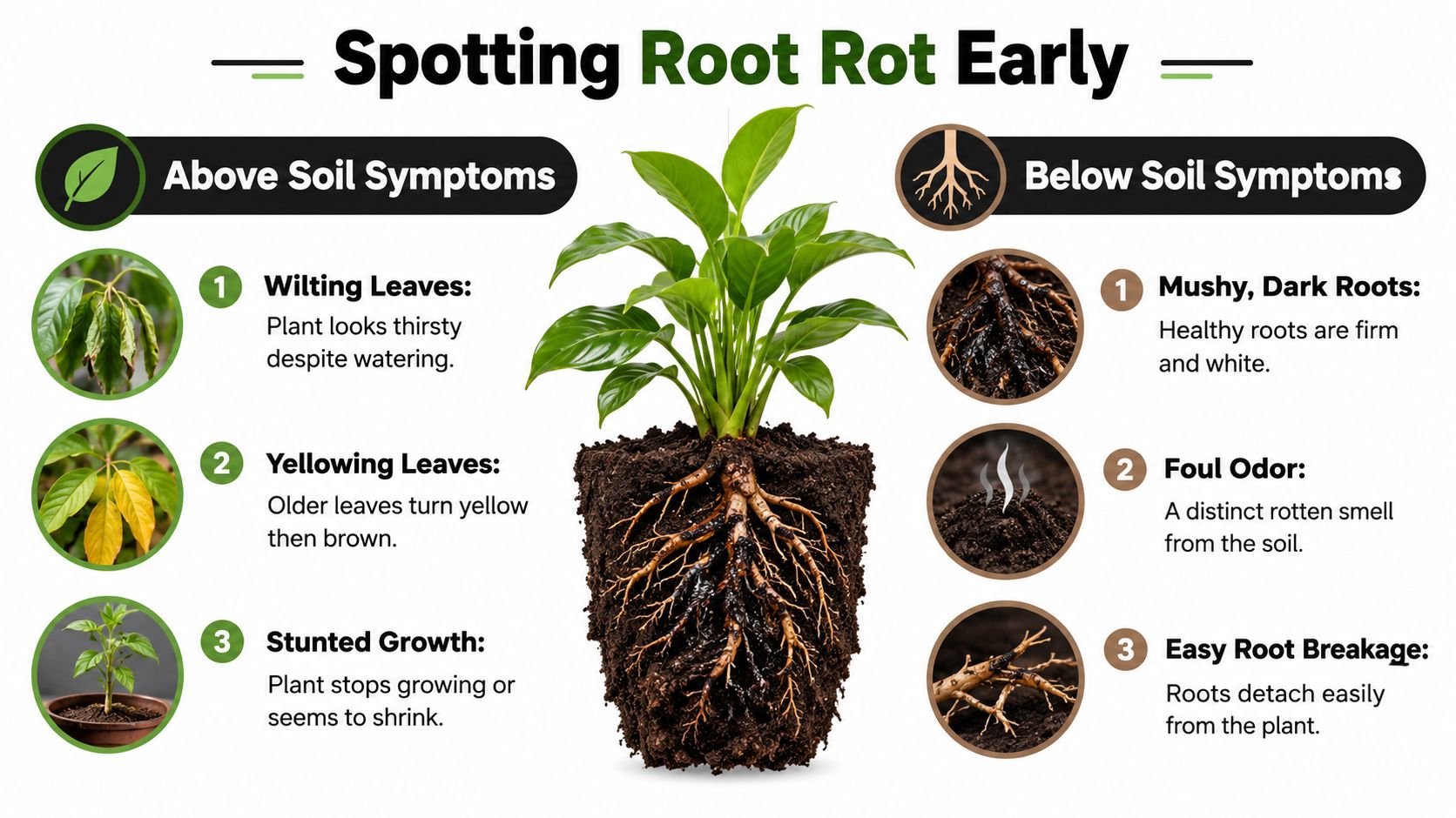 An educational infographic showing the visual symptoms of root rot in plants above and below soil.
