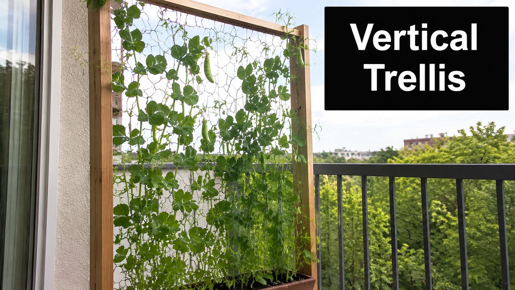 A wooden frame with chicken wire supporting green pea plants growing vertically on a balcony garden.