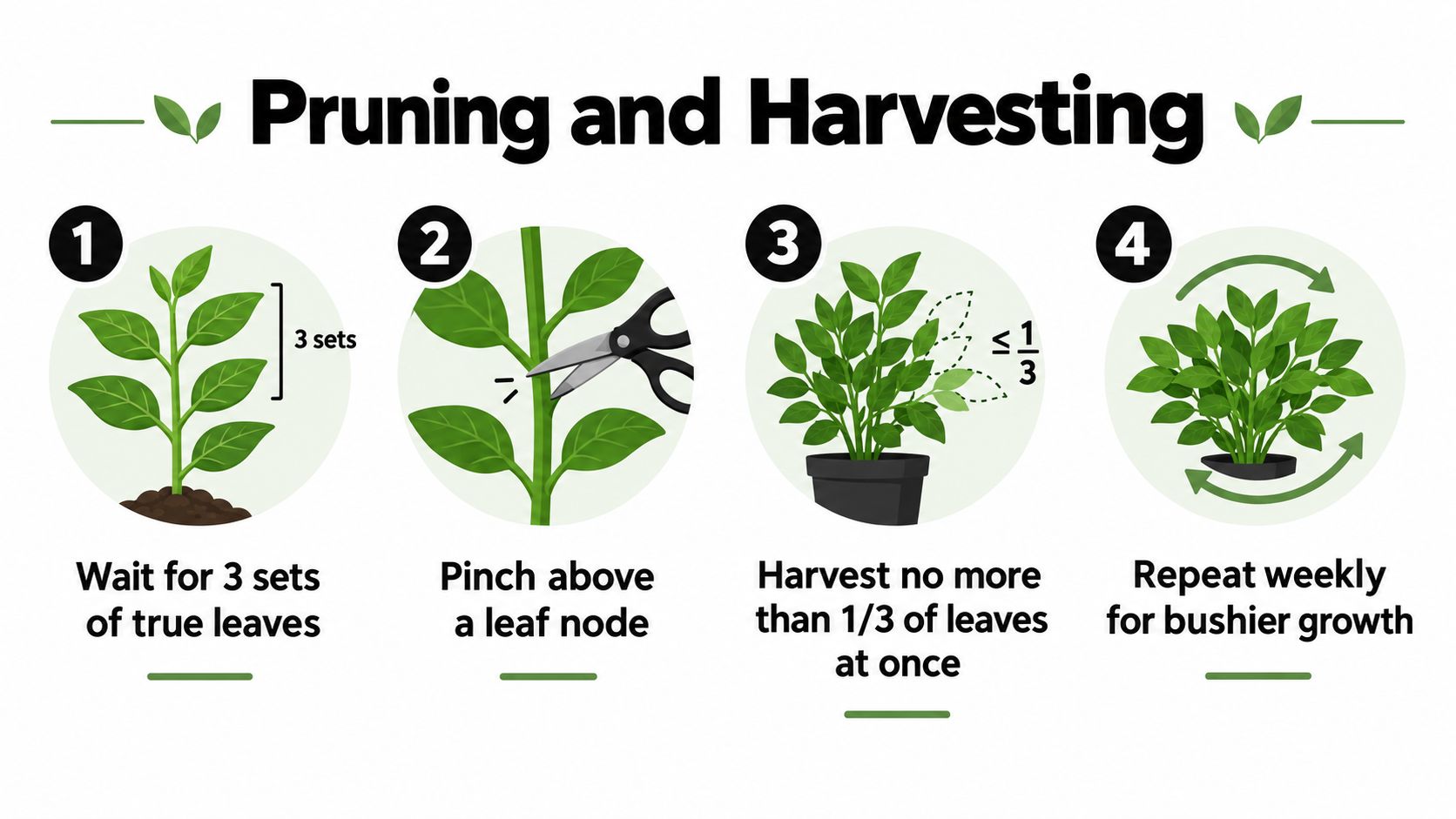 An infographic showing four simple steps for pruning and harvesting indoor basil for bushier plant growth.