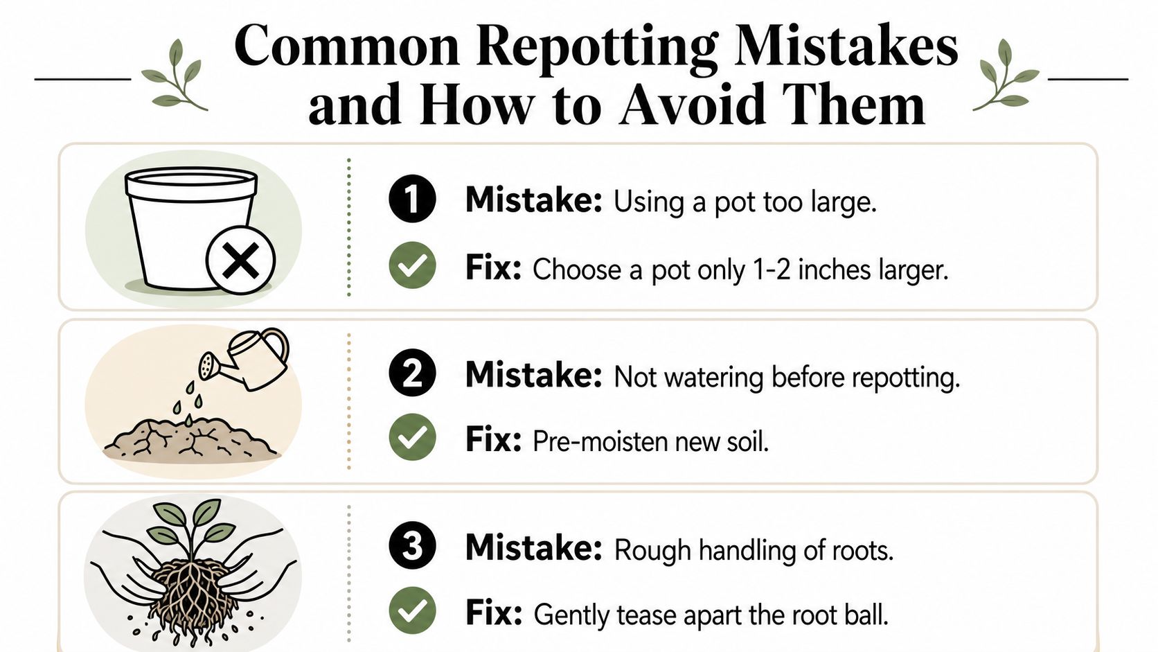 An infographic showing three common repotting mistakes for houseplants and their corresponding fixes for successful plant care.