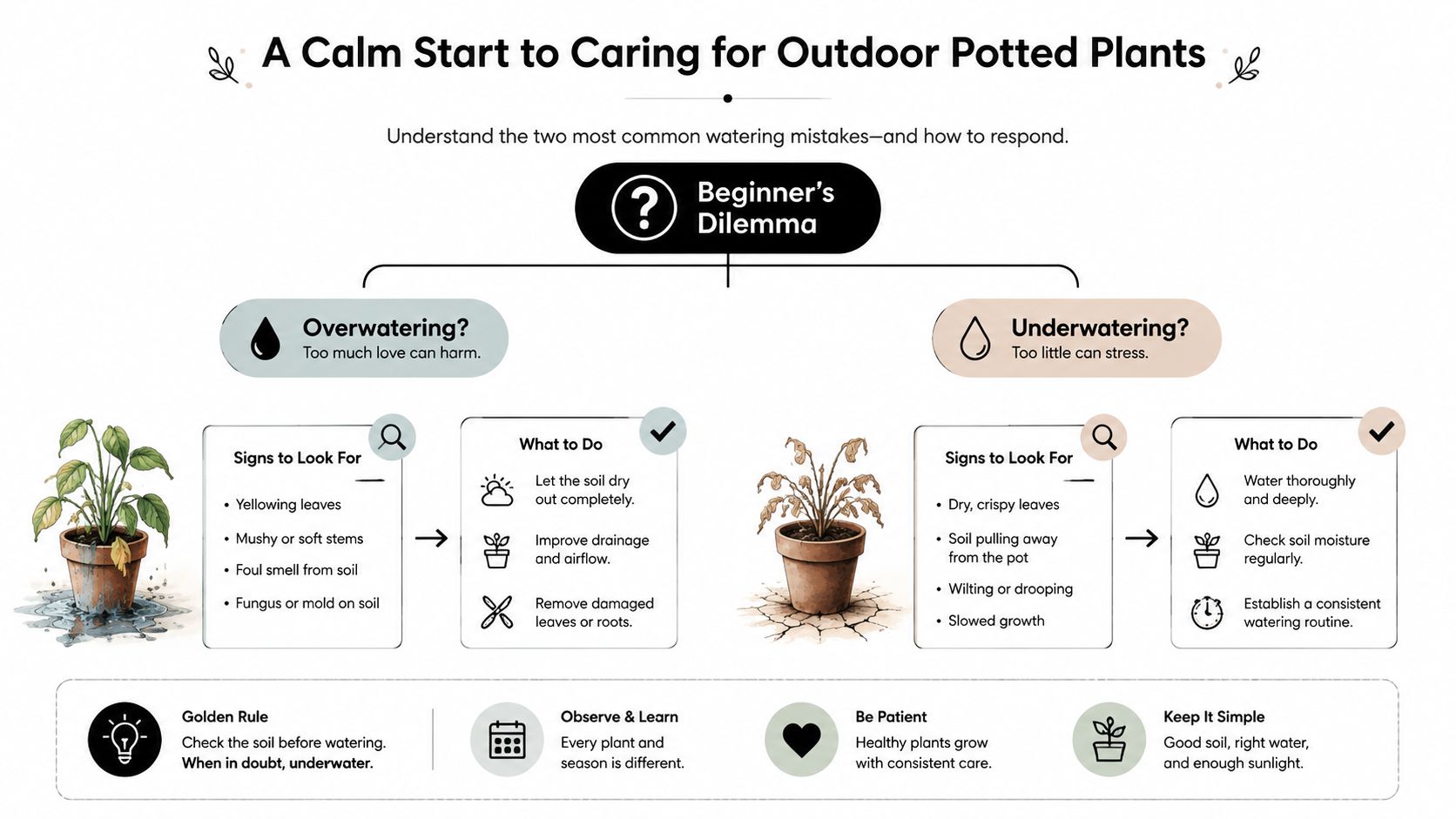 An infographic titled A Calm Start to Caring for Outdoor Potted Plants, illustrating signs and solutions for overwatering versus underwatering.