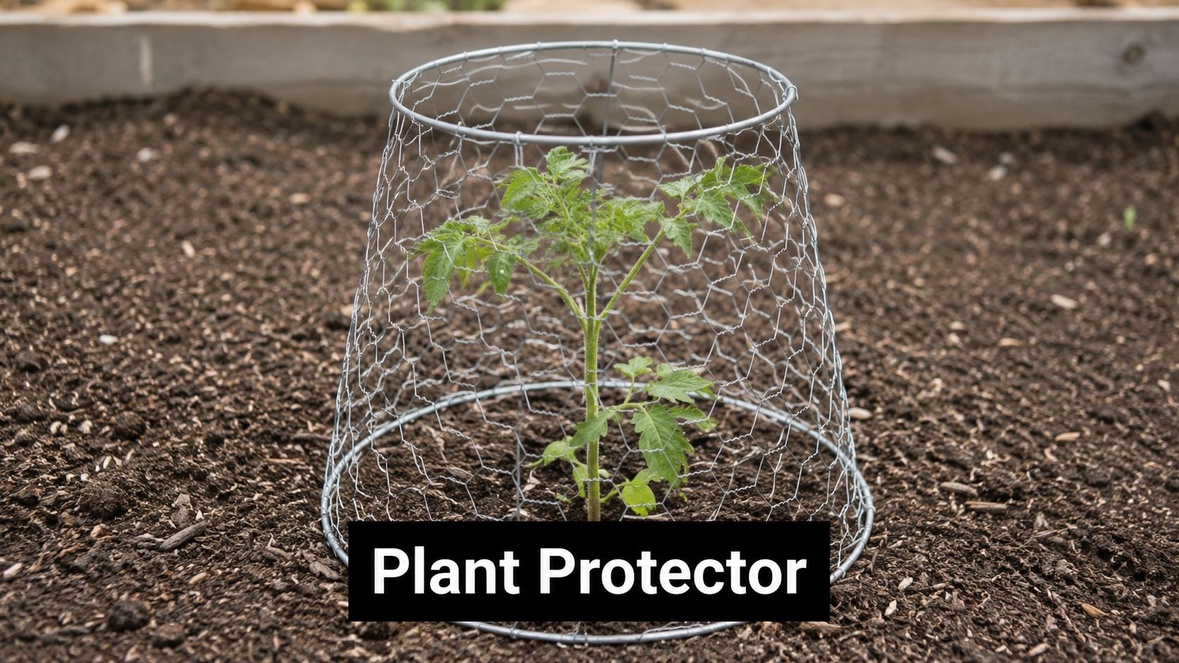 A small green tomato plant protected by a conical chicken wire mesh cage in a garden.