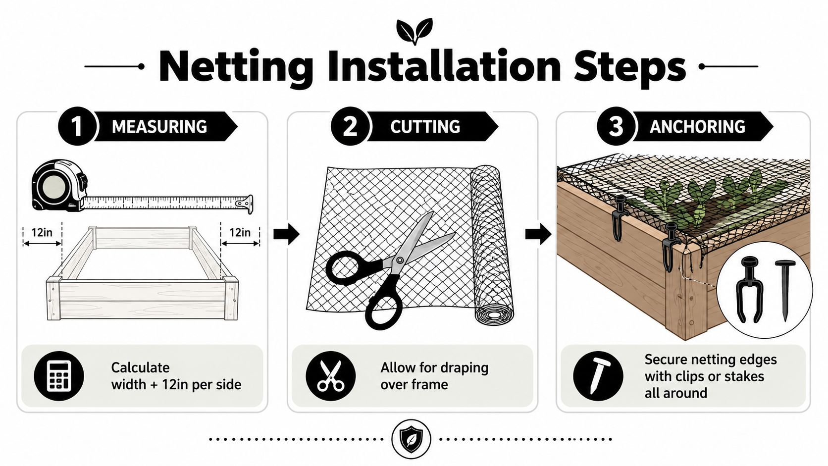 An infographic showing the three installation steps for placing protective netting over a wooden vegetable garden bed.