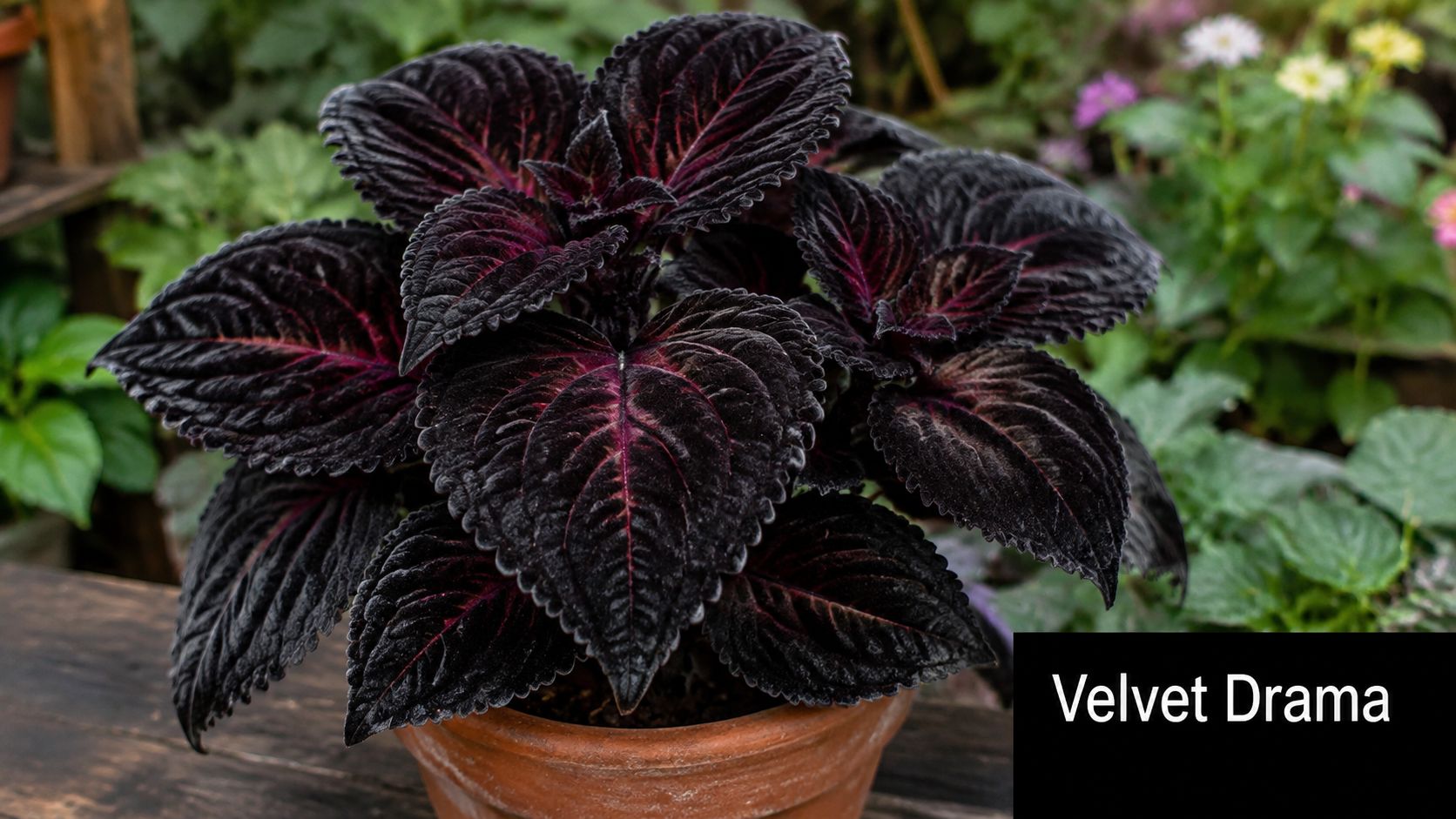 A close-up of a striking black Coleus plant with deep purple veins in a terracotta pot.