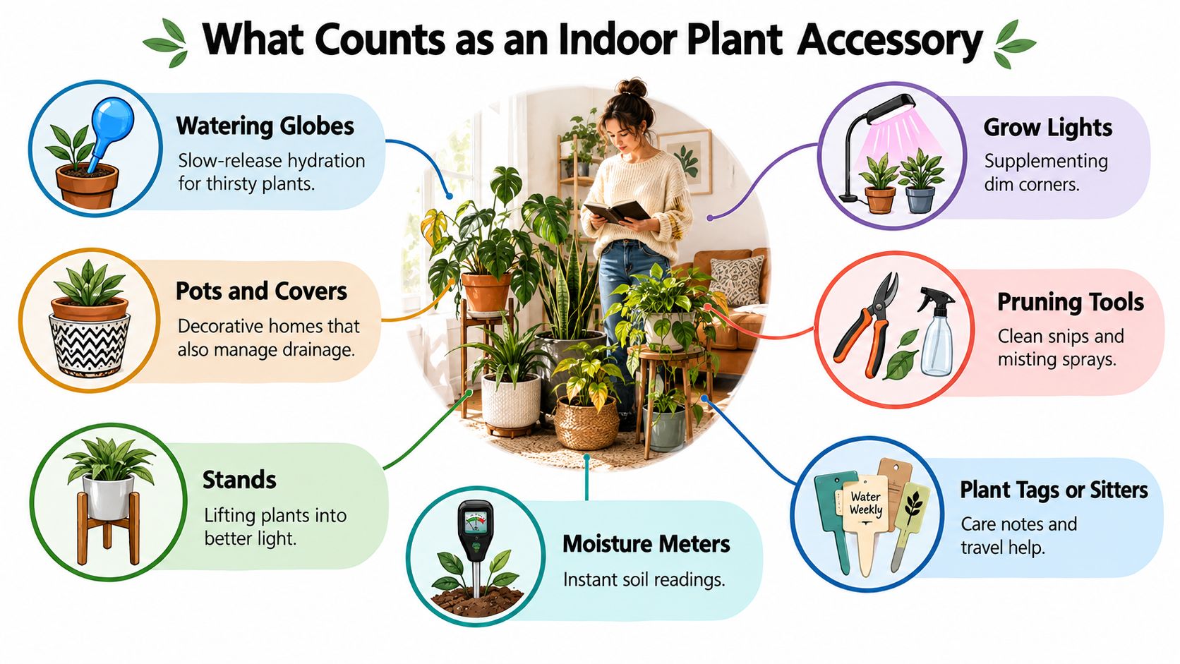 A visual guide explaining various essential indoor plant accessories like pots, grow lights, moisture meters, and stands.