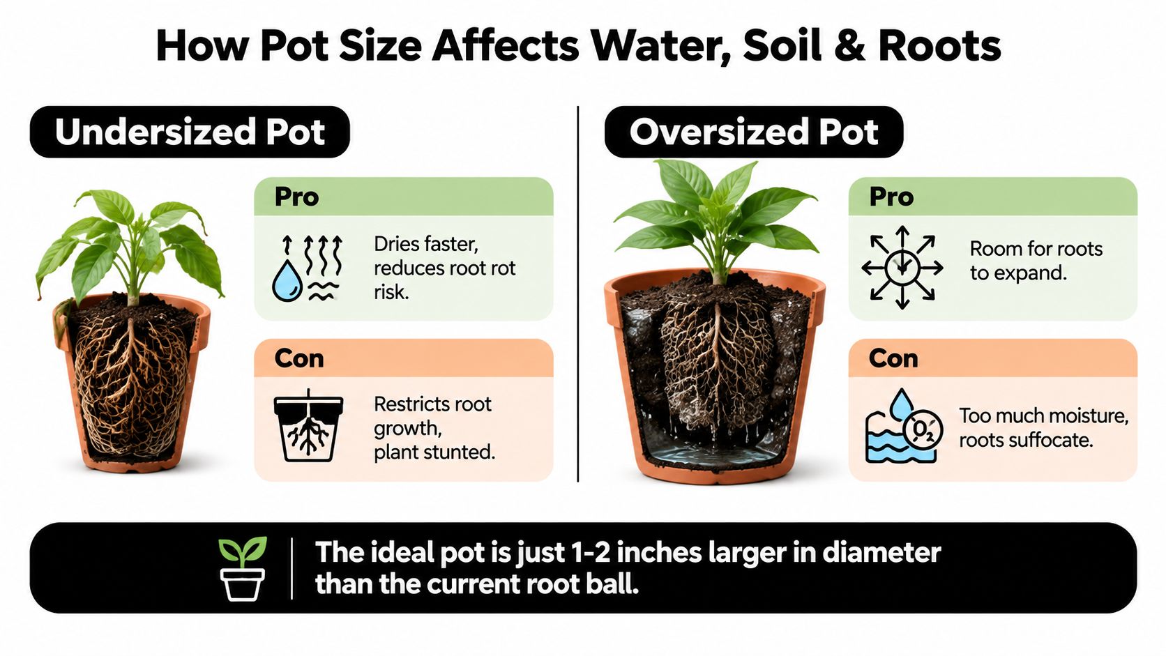 An infographic comparing undersized and oversized plant pots to show the effects on soil and root health.