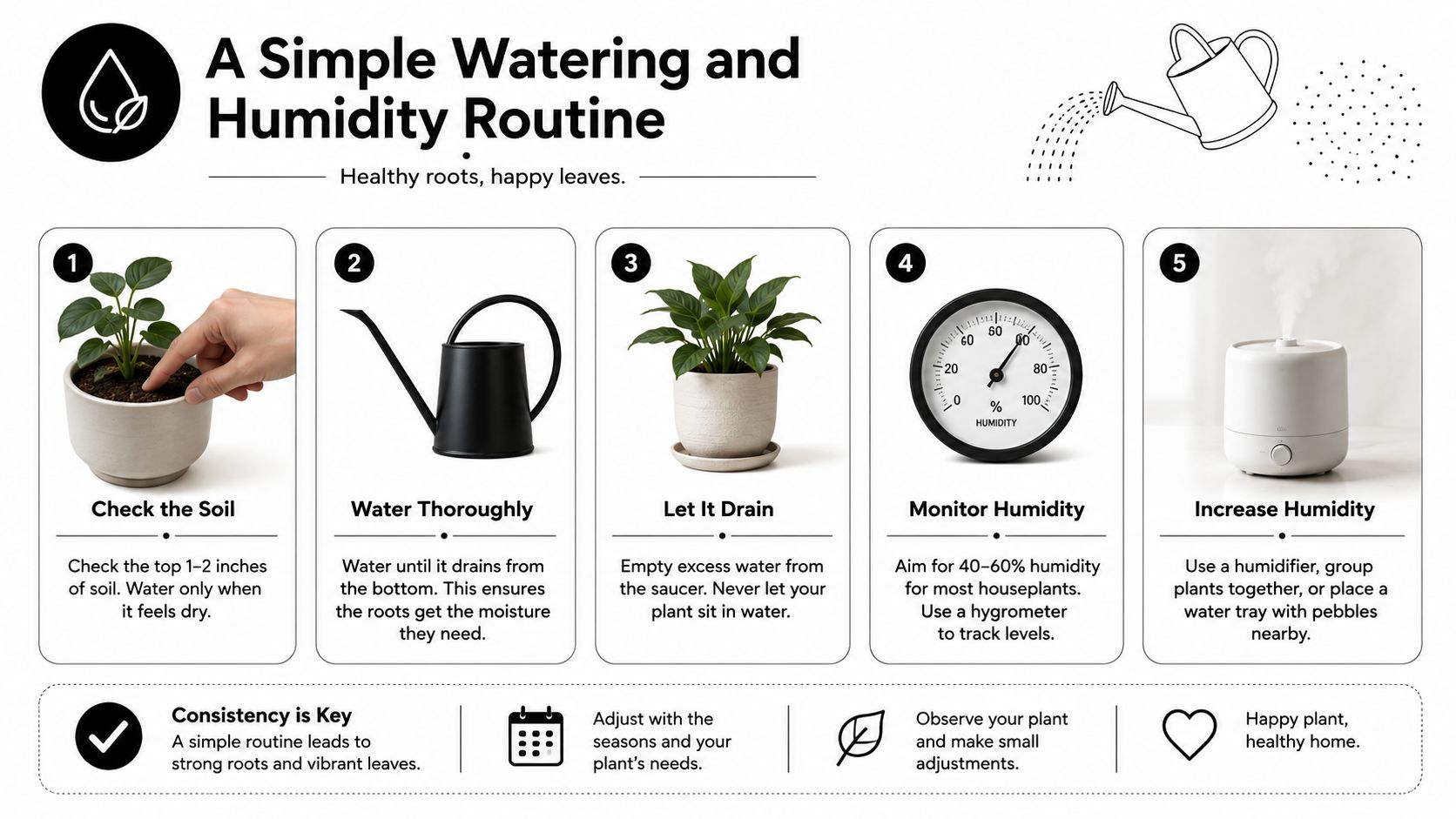 A simple watering and humidity routine infographic showing five steps for proper indoor plant care maintenance.