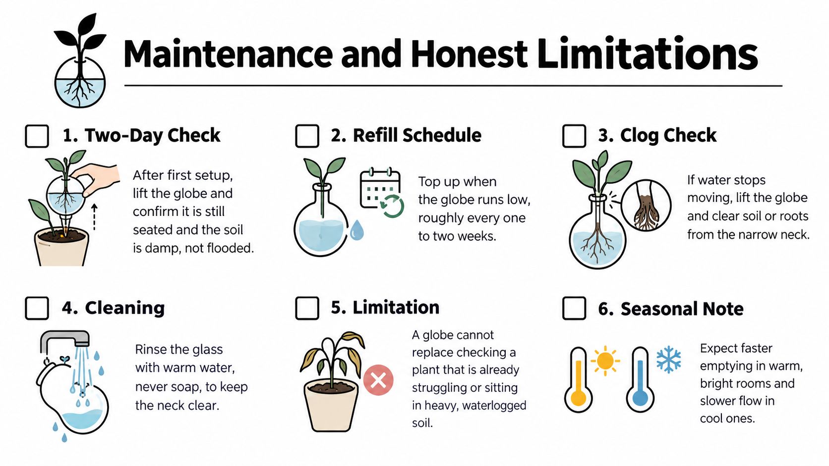 A maintenance guide infographic for watering globes featuring six helpful tips for plant care and setup.