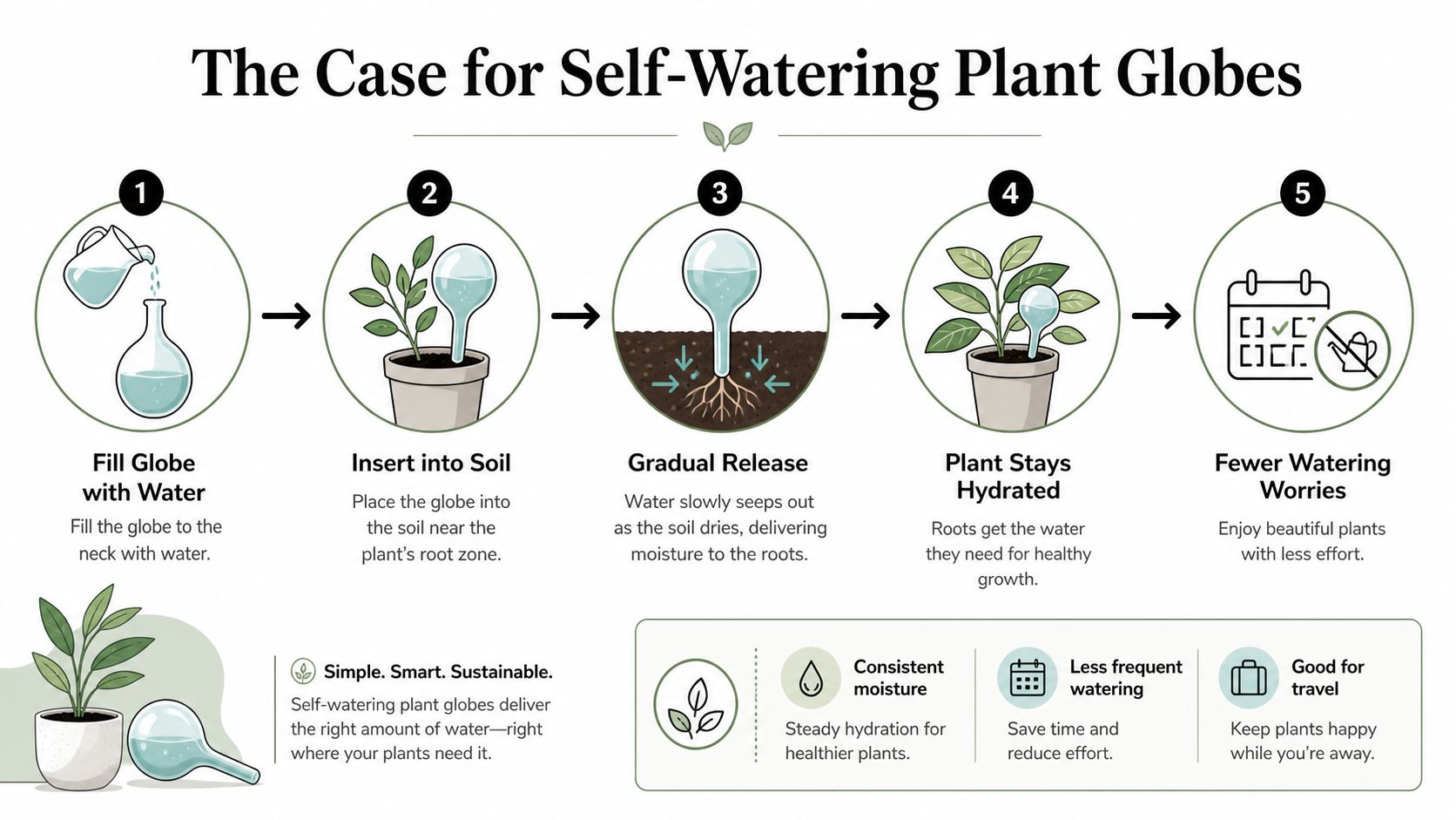 An infographic illustrating five easy steps for using a self-watering globe to hydrate indoor potted plants.