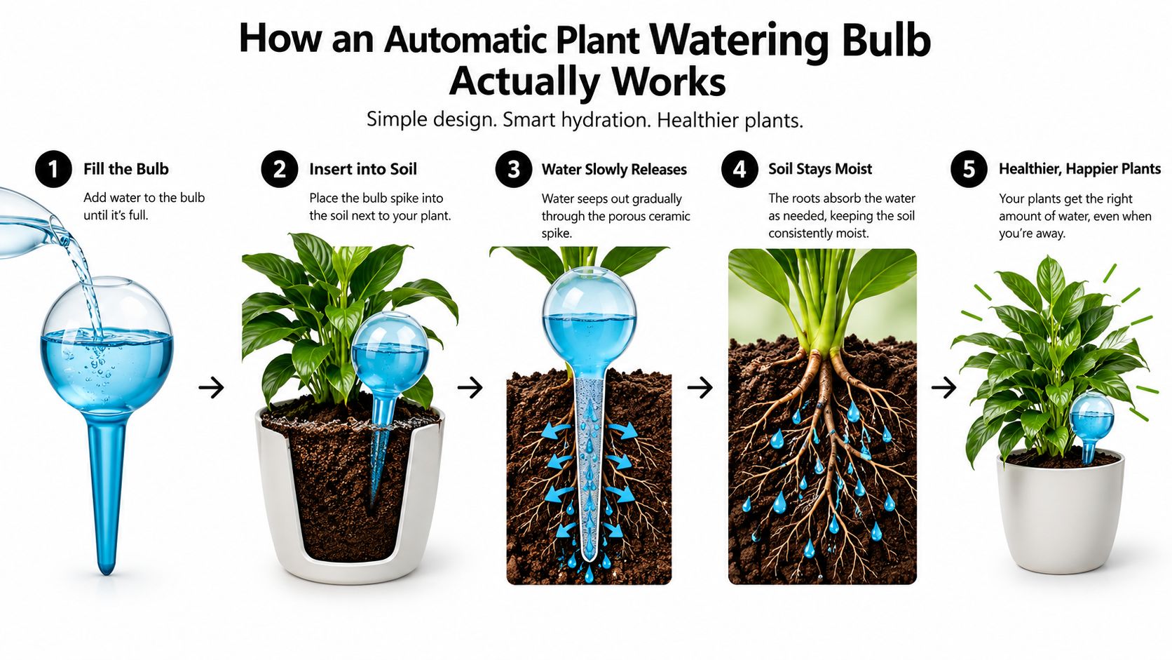 An infographic showing five steps on how to use an automatic plant watering bulb for healthy indoor plants.