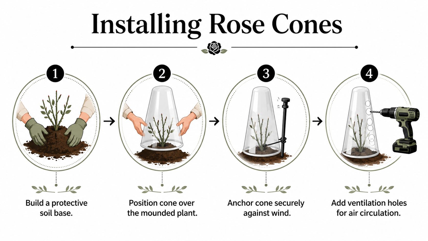 An illustrated guide demonstrating the four-step process for installing protective rose cones around garden plants.