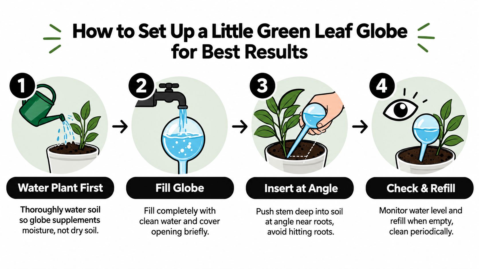 A four-step infographic showing how to use a glass self-watering globe for a potted plant.