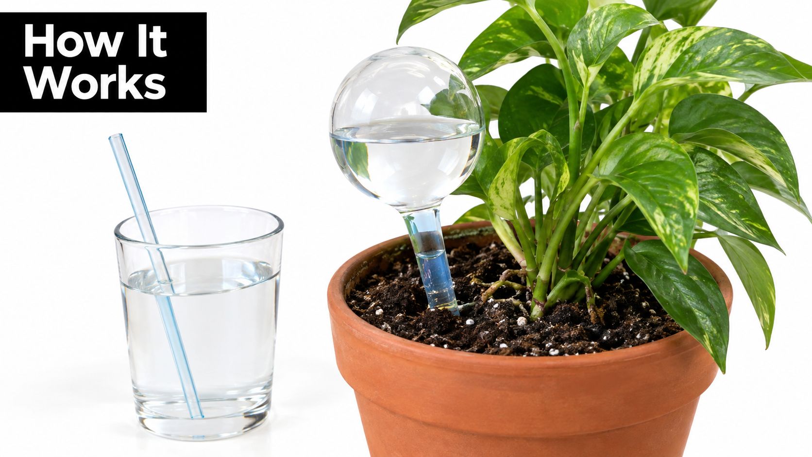 A glass self-watering globe inserted into a potted plant next to a glass of water.