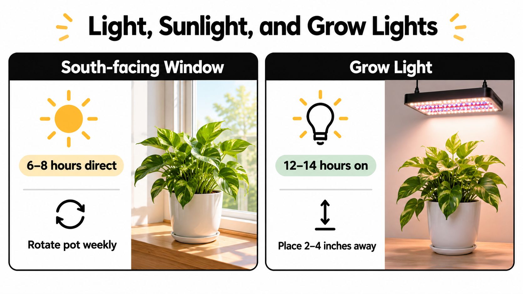 An educational graphic comparing light requirements for indoor plants using a south-facing window versus a grow light.