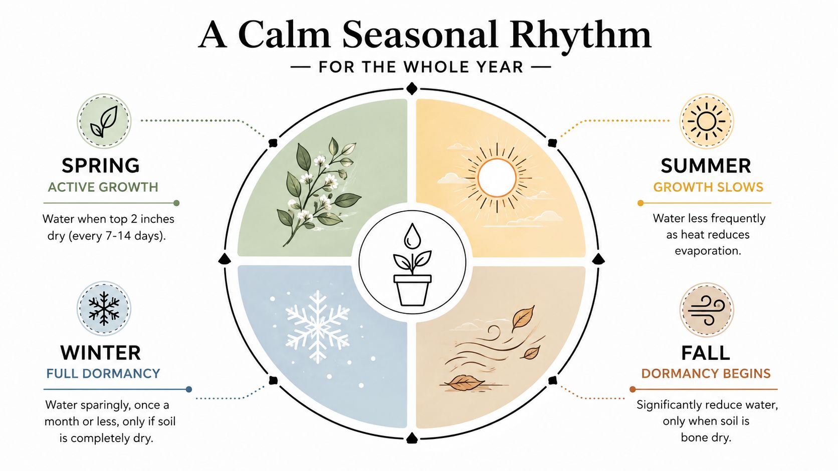 A diagram illustrating seasonal plant care with watering instructions for spring, summer, fall, and winter seasons.